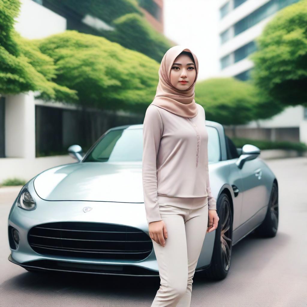 A realistic, ultra HD, full-body photo of a beautiful Indonesian girl with a slightly chubby body, without make-up, wearing modern Muslim clothing and a hijab, standing in front of a sports car