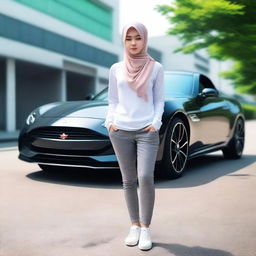 A realistic, ultra HD, full-body photo of a beautiful Indonesian girl with a slightly chubby body, without make-up, wearing modern Muslim clothing and a hijab, standing in front of a sports car