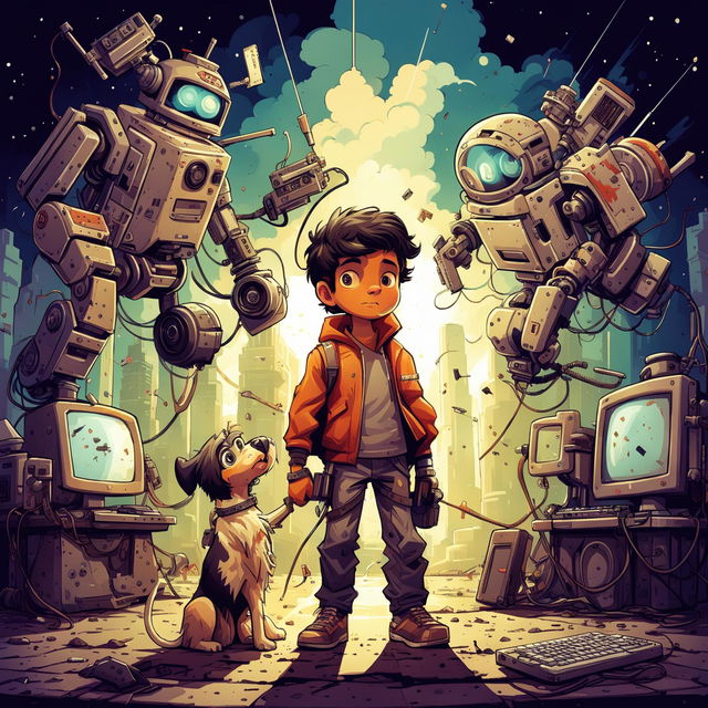 Dynamic illustration of a fight between advanced, sleek robots and futuristic devices against older, rugged gadgets in a ruined futuristic cityscape, featuring a brave boy named Milo and his loyal dog