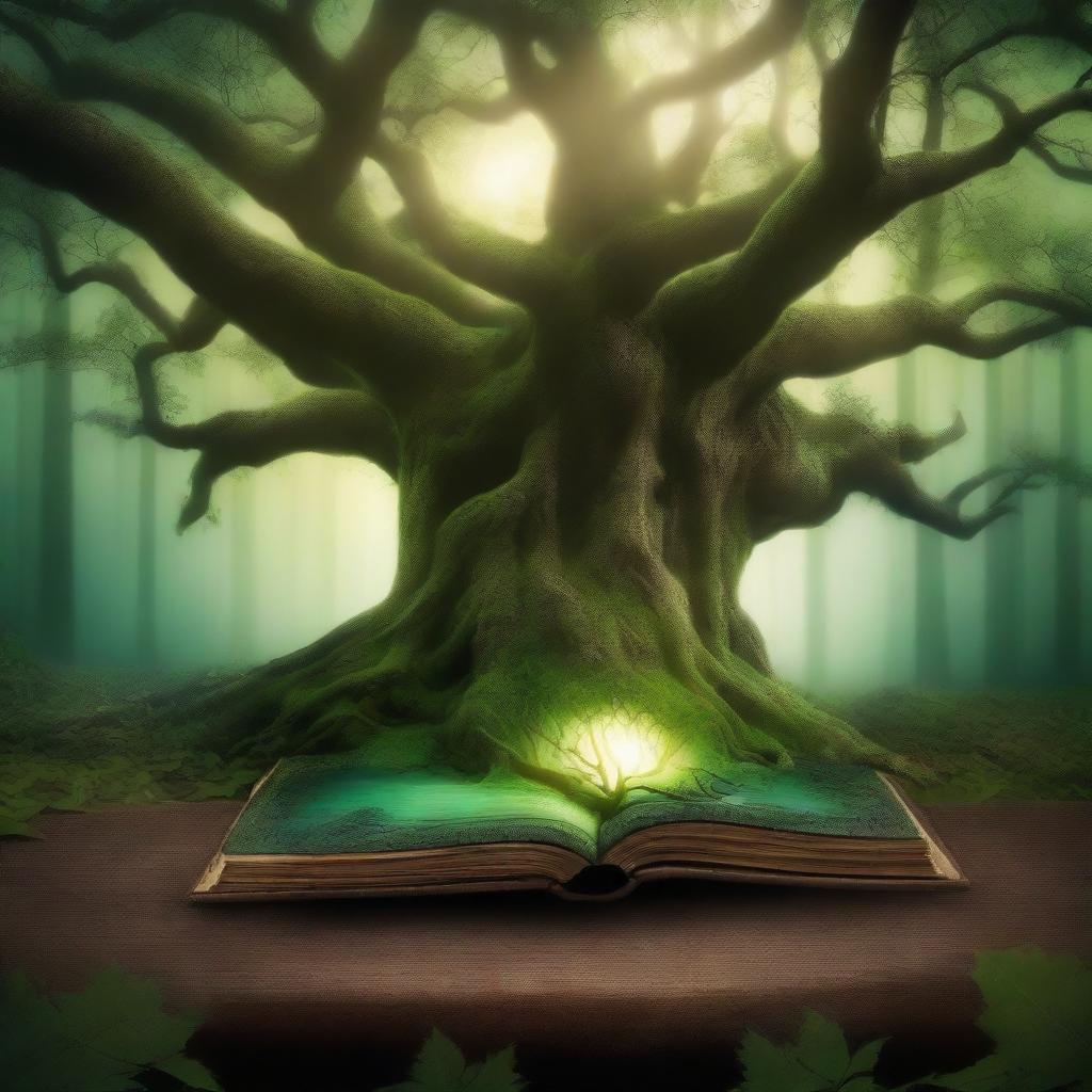 Create a captivating book cover featuring a mystical forest with an ancient, glowing tree at its center