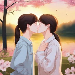 A romantic scene featuring two lesbian girls sharing a kiss