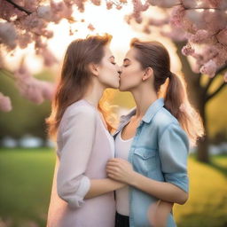 A romantic scene featuring two lesbian girls sharing a kiss