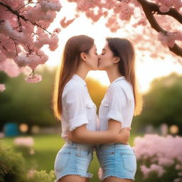 A romantic scene featuring two lesbian girls sharing a kiss