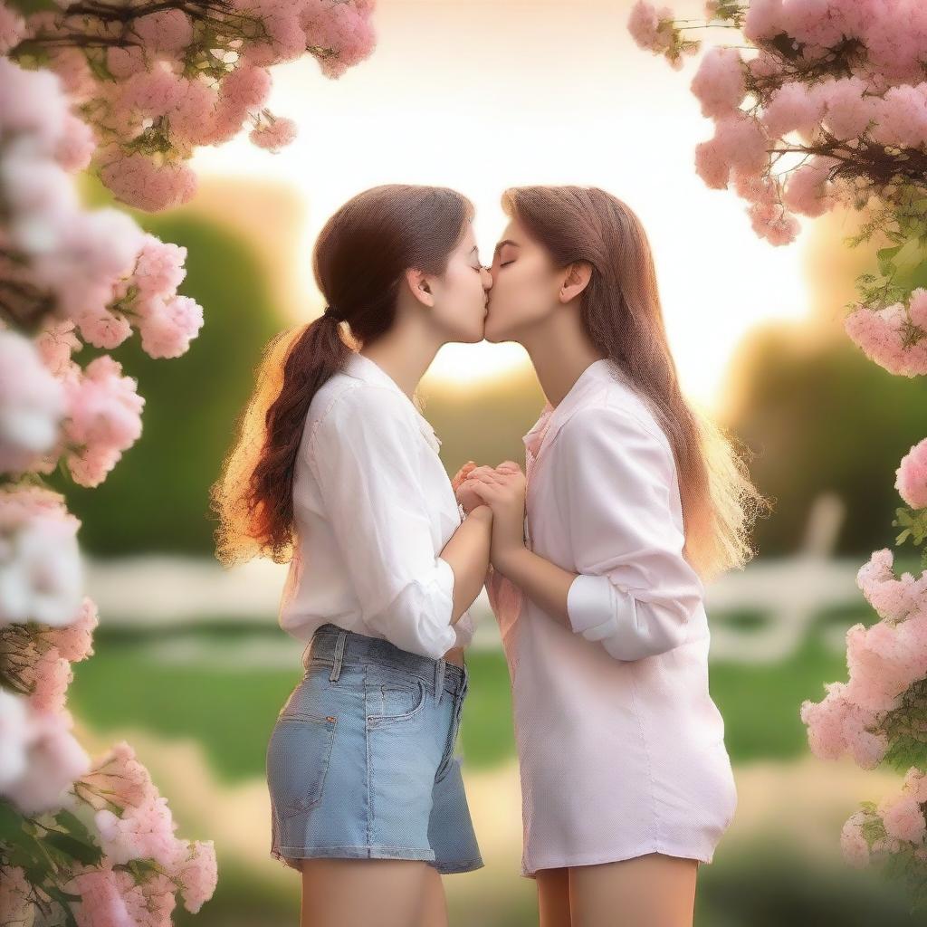 A romantic scene featuring two lesbian girls sharing a kiss