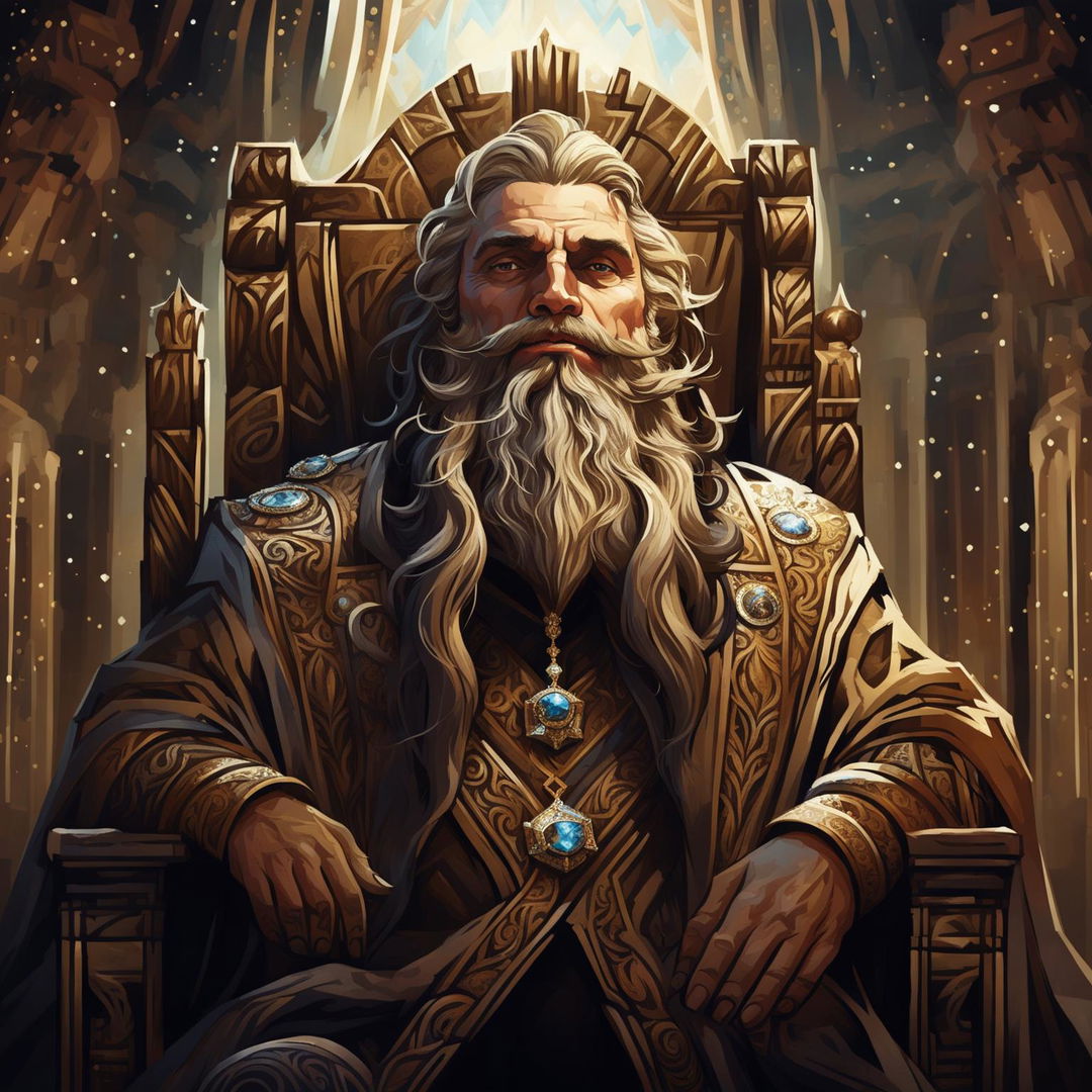 Majestic illustration of a big king with a long beard, dressed in regal attire and a jewel-encrusted crown, in a grand throne room