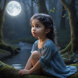 An image of a young sprite, Luna, born under the moonlight in the heart of the Enchanted Forest. She is depicted listening to the whispering leaves and conversing with the winding streams, showcasing her unique ability.