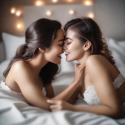 Two girls with sweet smiles lying on a bed, showcasing their sexy figures while kissing each other's lips