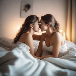 Two girls with sweet smiles lying on a bed, showcasing their sexy figures while kissing each other's lips