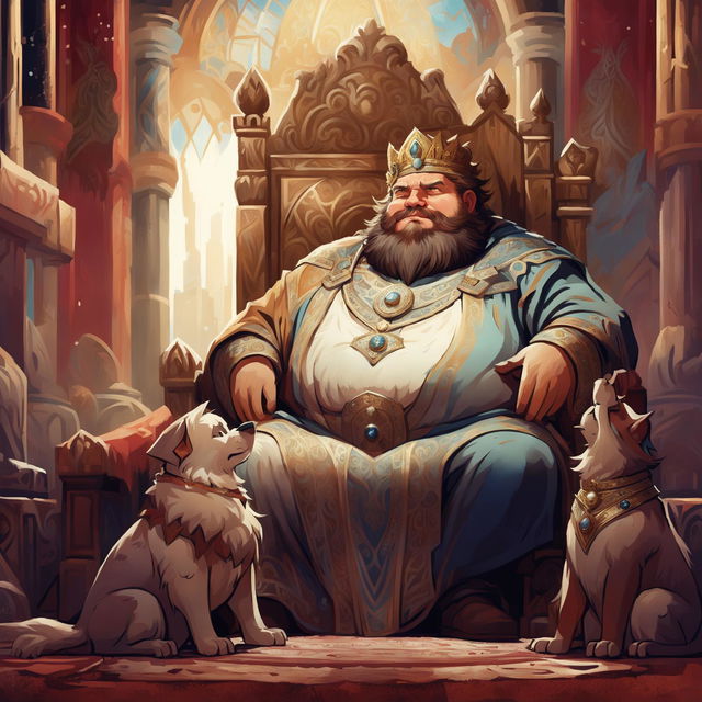 Detailed illustration of a fat king with a long beard, wearing a grand crown and opulent robe, talking to a curious boy and a loyal dog in a grand throne room