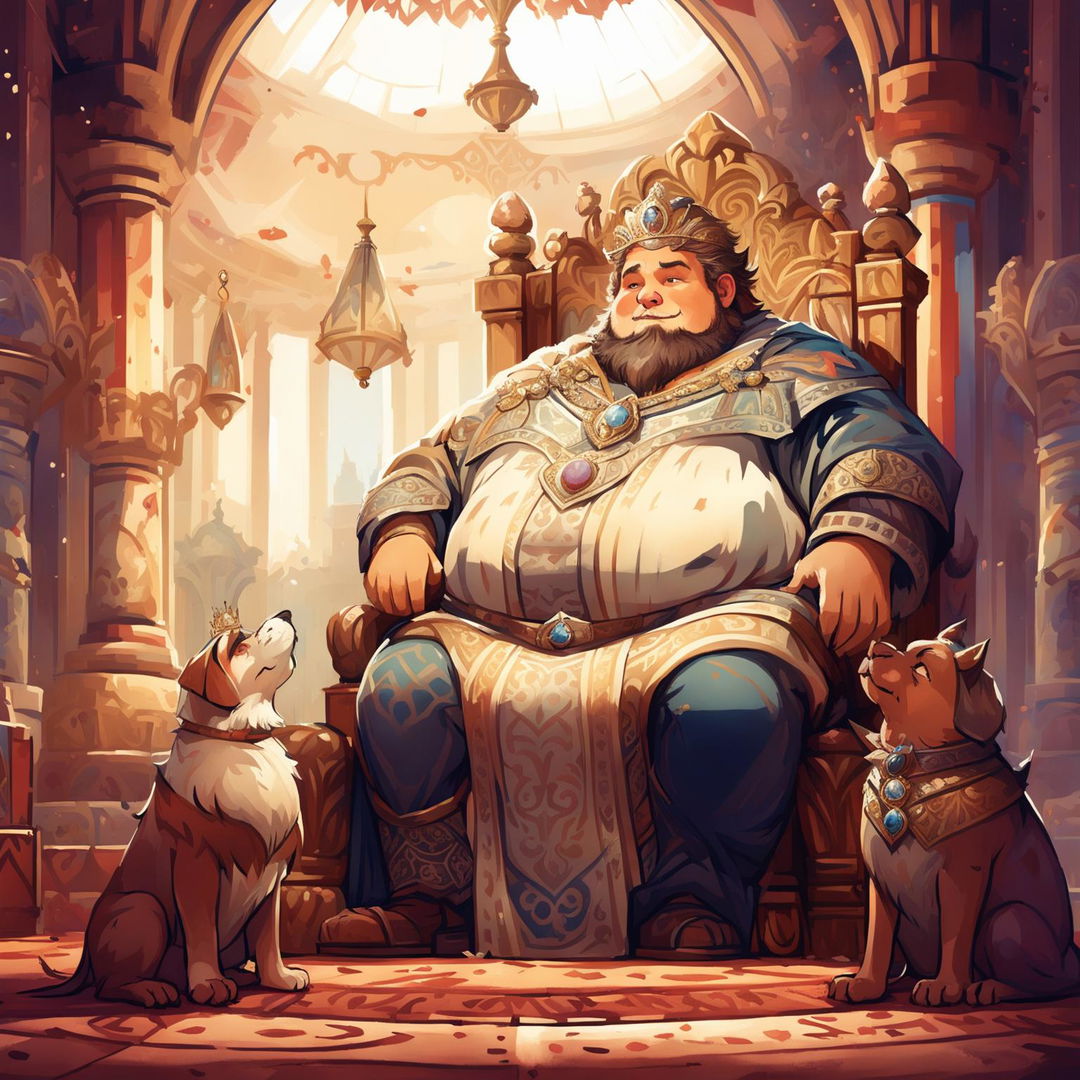 Heartwarming illustration of a fat king with a long beard, wearing a grand crown and opulent robe, talking to a curious boy and a loyal dog in a grand throne room