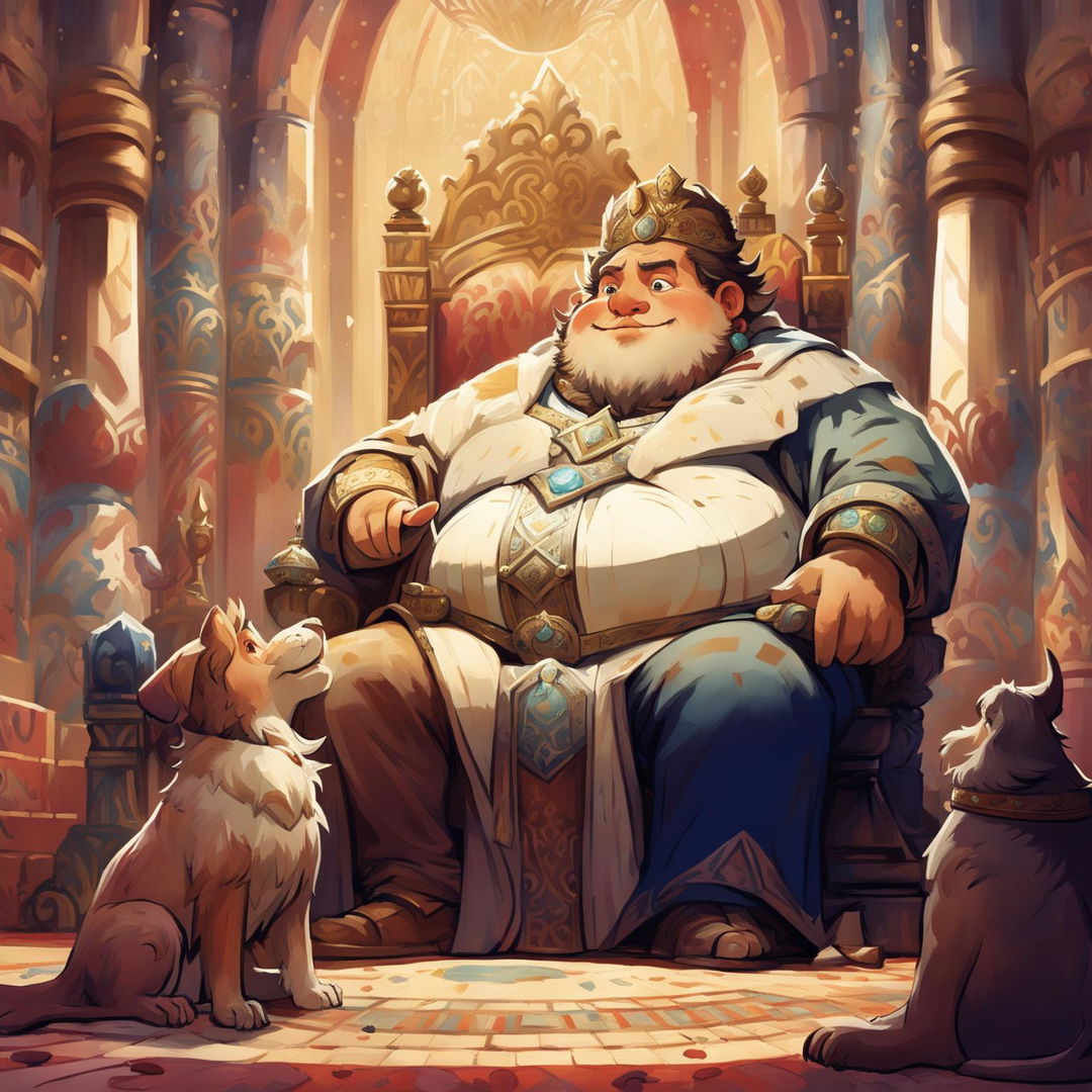 Engaging illustration of a fat king with a long beard, wearing a grand crown and opulent robe, talking to a curious Milo and a loyal dog in a grand throne room