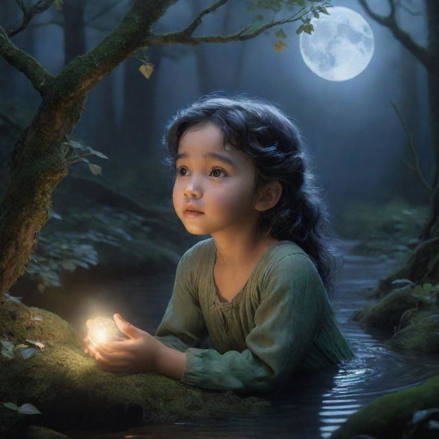 An image of a young sprite, Luna, born under the moonlight in the heart of the Enchanted Forest. She is depicted listening to the whispering leaves and conversing with the winding streams, showcasing her unique ability.