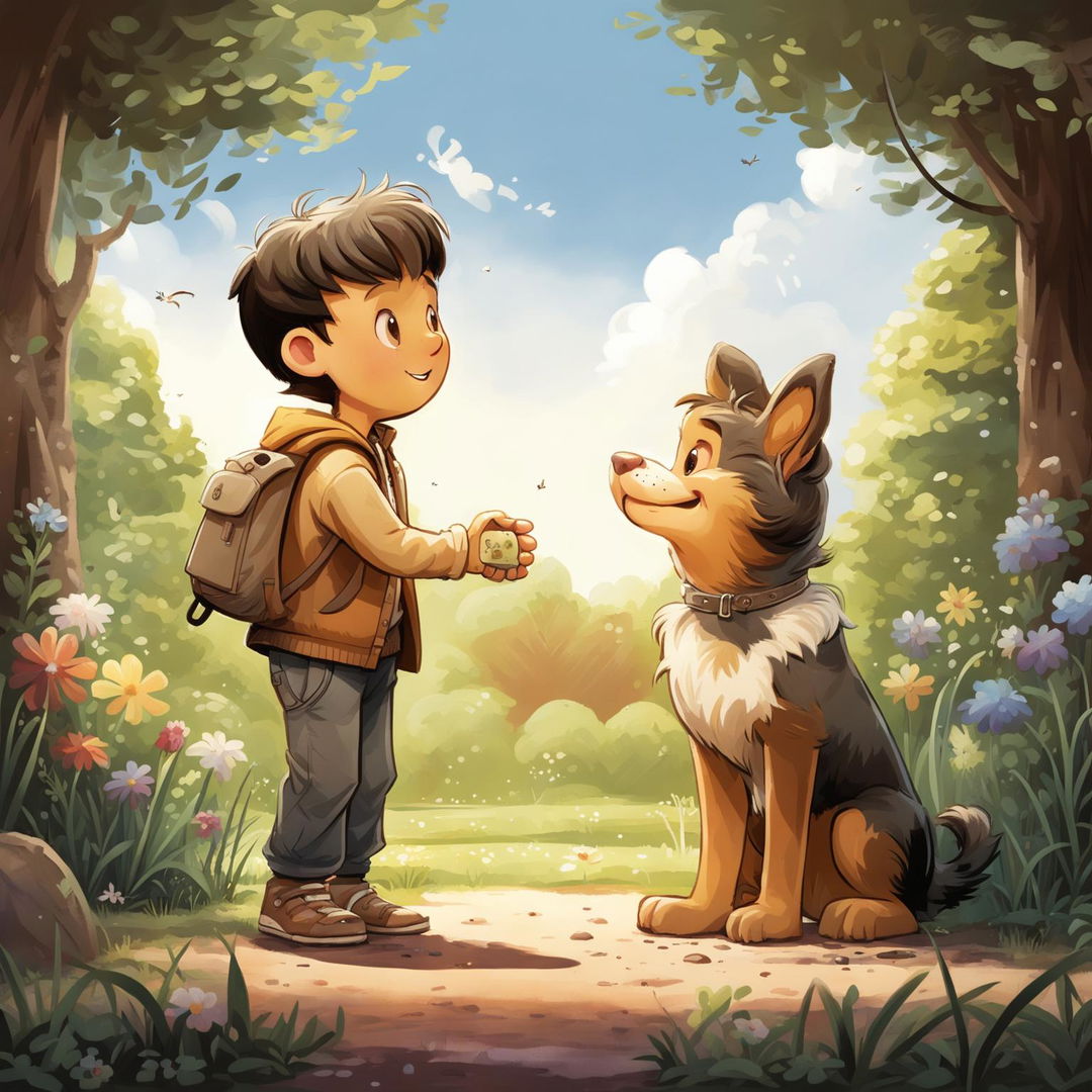 Heartwarming illustration of Milo meeting a friendly dog for the first time in a picturesque park, capturing the joy and excitement of their first encounter