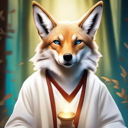 Create an image of a coyote-person with bright blue eyes, wearing white leather robes with red accents