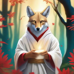 Create an image of a coyote-person with bright blue eyes, wearing white leather robes with red accents