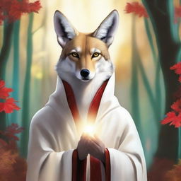 Create an image of a coyote-person with bright blue eyes, wearing white leather robes with red accents