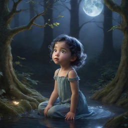 An image of a young sprite, Luna, born under the moonlight in the heart of the Enchanted Forest. She is depicted listening to the whispering leaves and conversing with the winding streams, showcasing her unique ability.