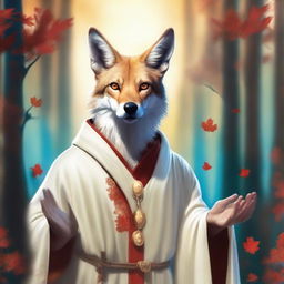 Create an image of a coyote-person with bright blue eyes, wearing white leather robes with red accents