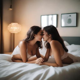 Two girls with sweet smiles lying on a bed, showcasing their sexy figures while kissing each other's lips, captured in a full shot