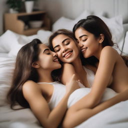 Two girls with sweet smiles lying on a bed, showcasing their sexy figures while kissing each other's lips, captured in a full shot