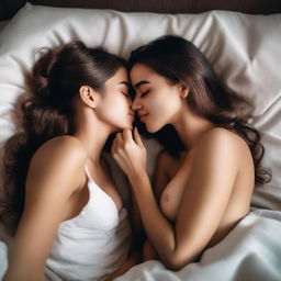 Two girls with sweet smiles lying on a bed, showcasing their sexy figures while kissing each other's lips, captured in a full shot