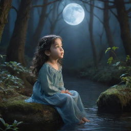 An image of a young sprite, Luna, born under the moonlight in the heart of the Enchanted Forest. She is depicted listening to the whispering leaves and conversing with the winding streams, showcasing her unique ability.