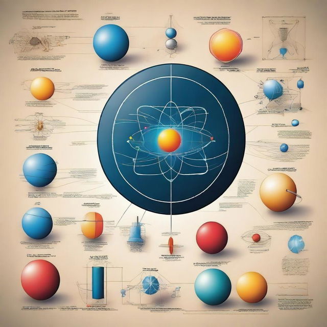 A detailed illustration of various physics concepts, including Newton's laws of motion, electromagnetism, and quantum mechanics