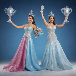 A three-dimensional rendering of a triumphantly standing male and female pageant winners. They are decked in elegant costumes, holding gleaming trophies, their joy and victory frozen in a vibrant 3D display.