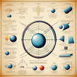 A detailed illustration of various physics concepts, including Newton's laws of motion, electromagnetism, and quantum mechanics