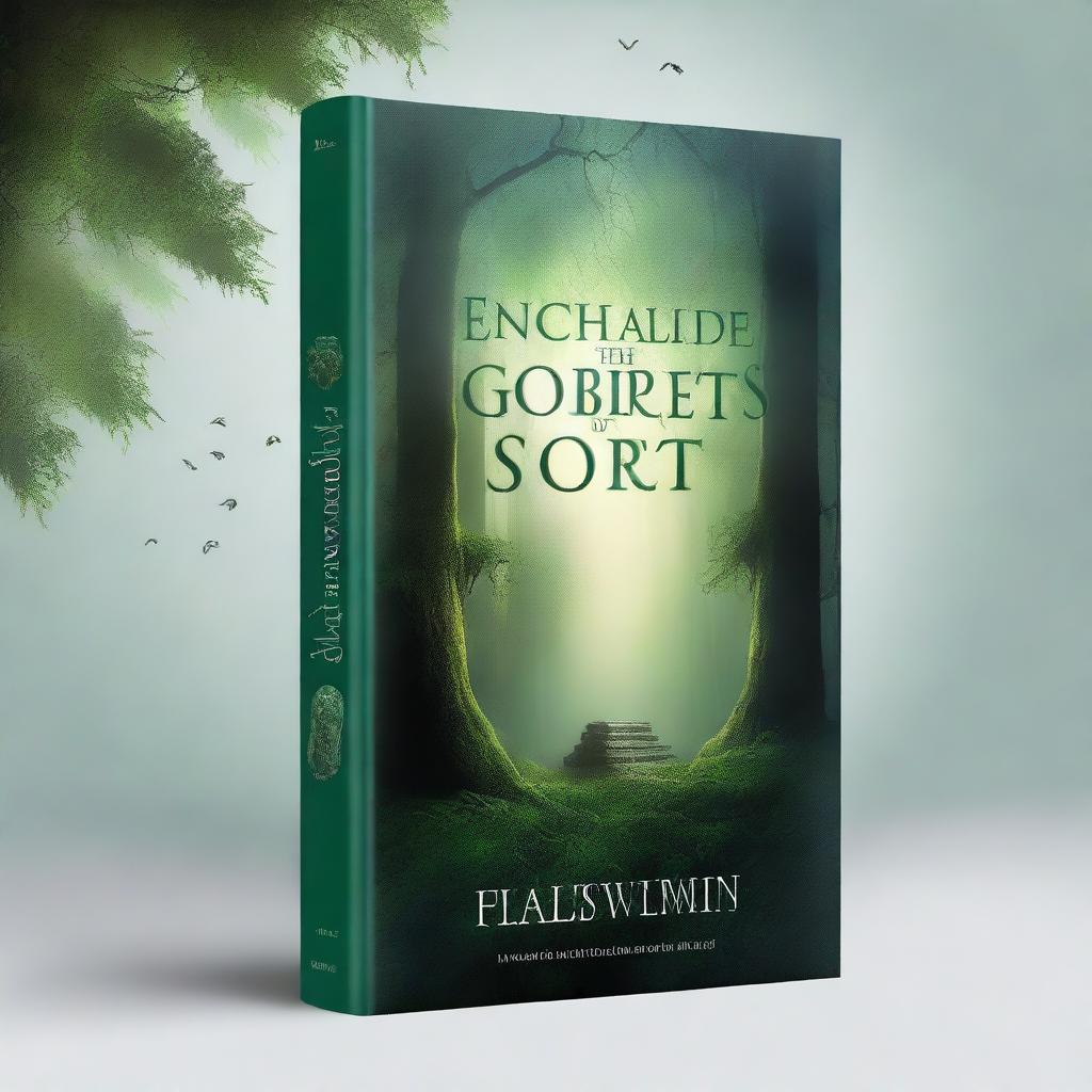 A captivating book cover design featuring a mystical forest with a hidden ancient temple