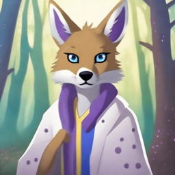 Create an image of an anthropomorphic coyote with spotted dark grey fur, a purple mohawk, and bright blue eyes