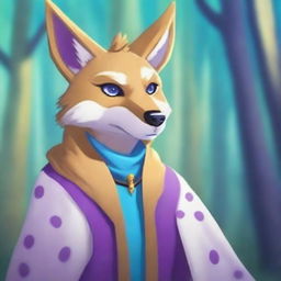 Create an image of an anthropomorphic coyote with spotted dark grey fur, a purple mohawk, and bright blue eyes