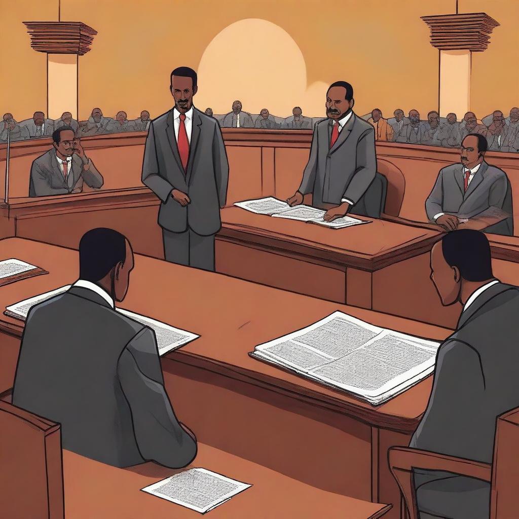 An impactful and thought-provoking illustration depicting strategic litigation in Ethiopia