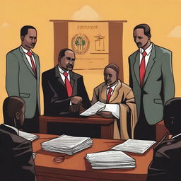 An impactful and thought-provoking illustration depicting strategic litigation in Ethiopia