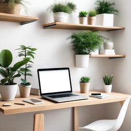 A beautifully organized personal workspace featuring a neat desk with a laptop, notebooks, and stationery