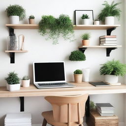 A beautifully organized personal workspace featuring a neat desk with a laptop, notebooks, and stationery