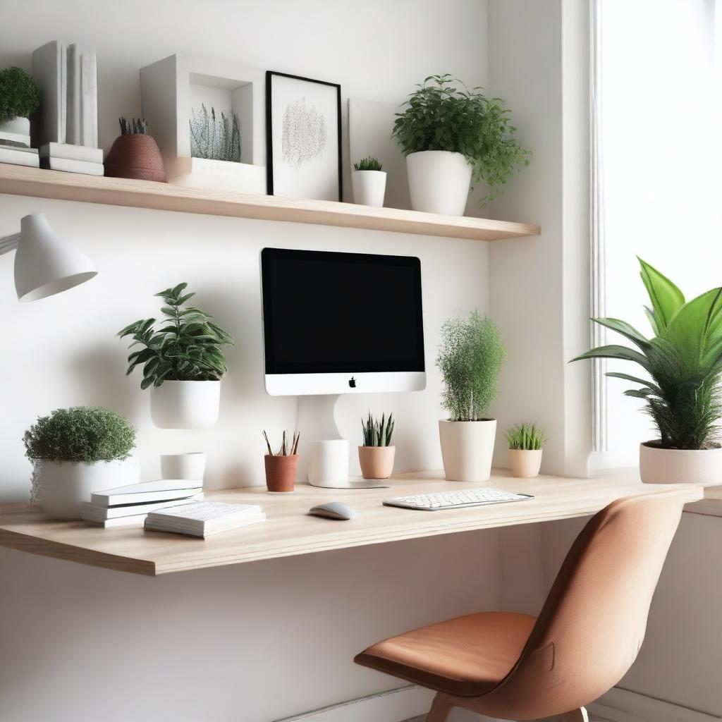 A beautifully organized personal workspace featuring a neat desk with a laptop, notebooks, and stationery