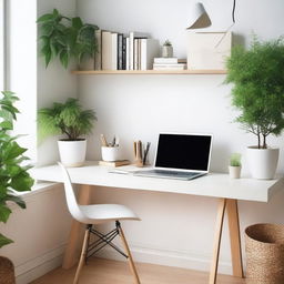 A beautifully organized personal workspace featuring a neat desk with a laptop, notebooks, and stationery