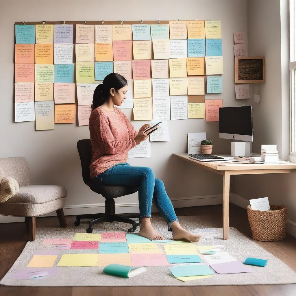 A person organizing their life, surrounded by a variety of tools and items such as a planner, sticky notes, a calendar, and a vision board