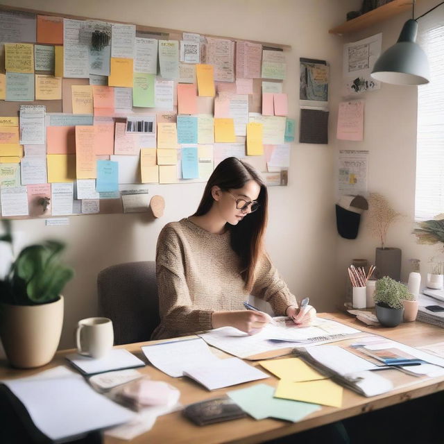 A person organizing their life, surrounded by a variety of tools and items such as a planner, sticky notes, a calendar, and a vision board