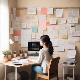 A person organizing their life, surrounded by a variety of tools and items such as a planner, sticky notes, a calendar, and a vision board