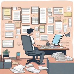 A person confidently organizing their life and personal space, surrounded by a variety of tools like planners, sticky notes, and a calendar