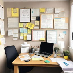 A person confidently organizing their life and personal space, surrounded by a variety of tools like planners, sticky notes, and a calendar