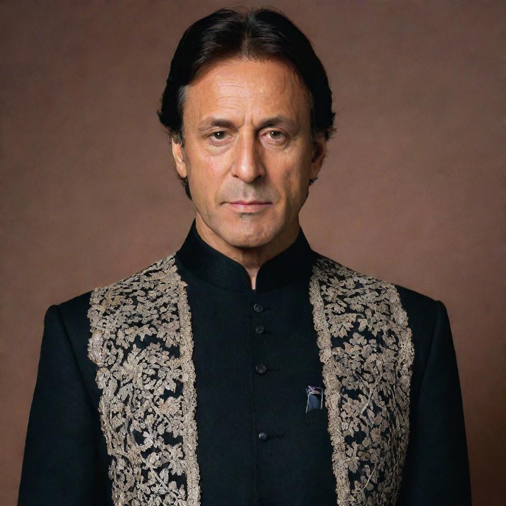 A detailed portrait of Imran Khan, the Prime Minister of Pakistan, with a serious expression, wearing a traditional dark Sherwani suit.