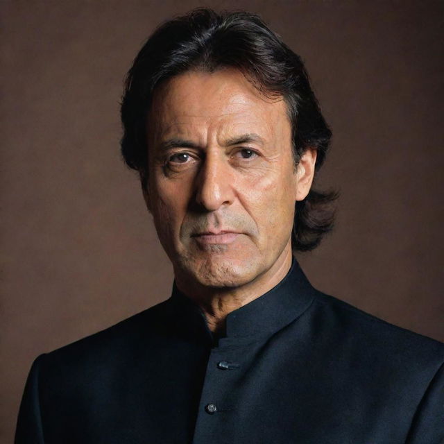 A detailed portrait of Imran Khan, the Prime Minister of Pakistan, with a serious expression, wearing a traditional dark Sherwani suit.