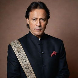 A detailed portrait of Imran Khan, the Prime Minister of Pakistan, with a serious expression, wearing a traditional dark Sherwani suit.