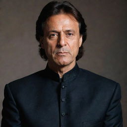 A detailed portrait of Imran Khan, the Prime Minister of Pakistan, with a serious expression, wearing a traditional dark Sherwani suit.