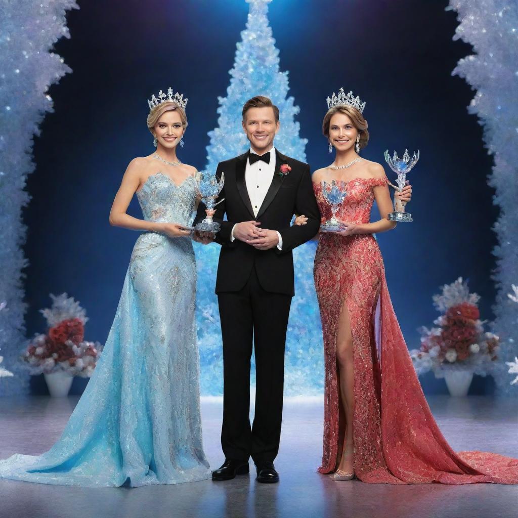 A 3D rendering of Mr. and Ms. Pageant winners. They stand proudly on an illustrious stage, adorned in radiant attire, each clutching their winning trophies, the vibrant scene frozen in a rich, three-dimensional display.