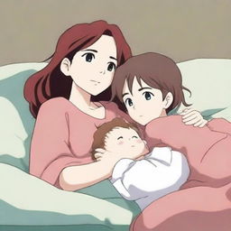 Create a cartoon anime-style illustration based on the reference image provided, which shows a woman laying on top of her child