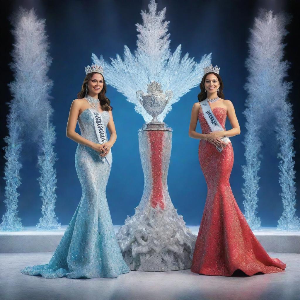 A 3D rendering of Mr. and Ms. Pageant winners. They stand proudly on an illustrious stage, adorned in radiant attire, each clutching their winning trophies, the vibrant scene frozen in a rich, three-dimensional display.